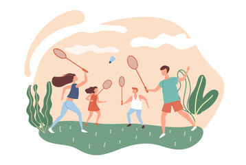 Active family playing badminton outdoors