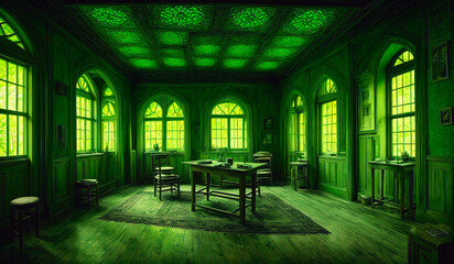 old abandoned house with green walls and wooden floor. Generative AI.