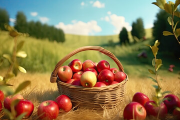 Red apples are in a basket in an apple orchard. Generative AI.