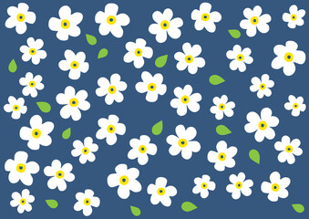 Seamless pattern with white flowers on blue background. Vector illustration.