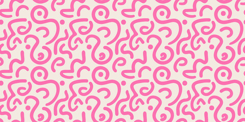 Squiggle seamless pattern with pink curly lines. Childish doodle print. Fun abstract scribble background. Vector illustration for textile, packaging - obrazy, fototapety, plakaty