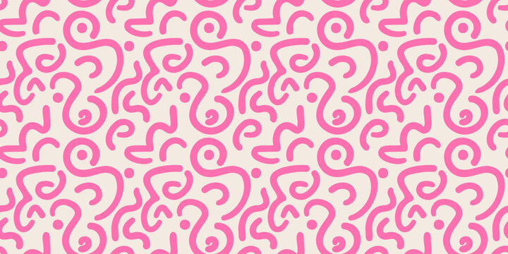 Squiggle seamless pattern with pink curly lines. Childish doodle print. Fun abstract scribble background. Vector illustration for textile, packaging