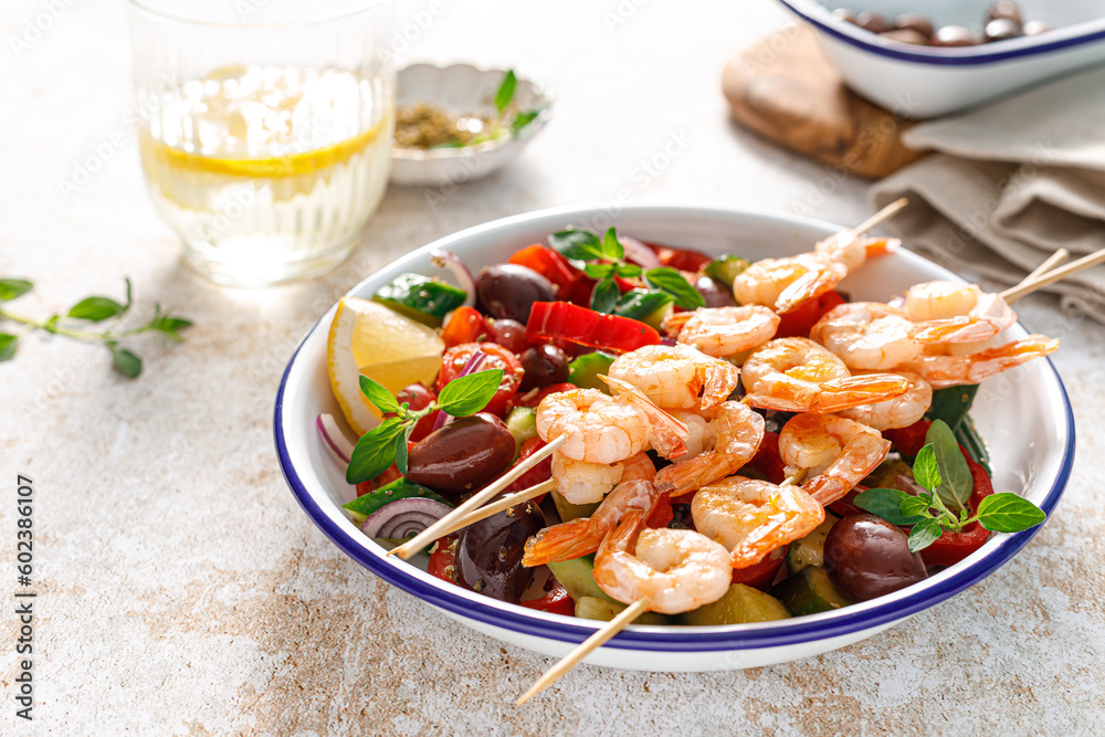 Canvas Prints shrimp kebab roasted on skewers and fresh vegetable salad