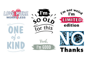 Six text designs isolated on white