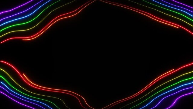Abstract neon glowing laser lines on dark background. Rainbow colours beams. Geometric stripes line art design in retro style. Seamless loop video animation 4K