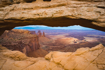 mesa arch in late evening in canyonlands