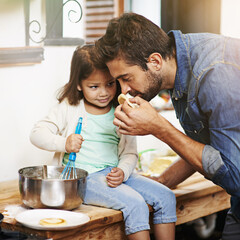 Cooking, smell and father with daughter in kitchen for pancakes, bonding and learning. Food,...