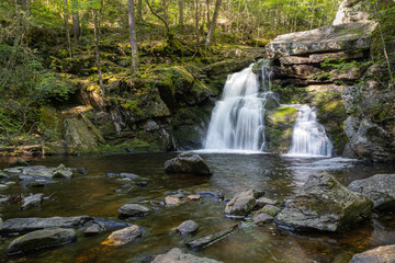 Waterfall flowing into a calm pool in the woods