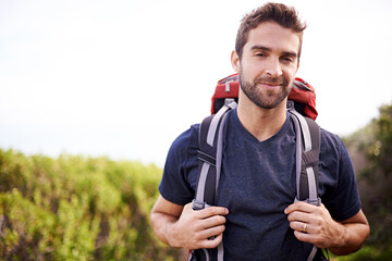 Hiking, nature and portrait of man on mountain for fitness, adventure and travel journey. Backpack,...