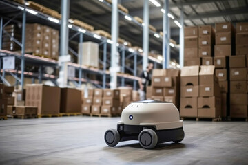 Autonomous robot delivery in warehouses. Smart industry concept. Generative AI illustration