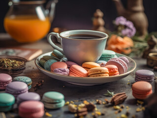 Obraz na płótnie Canvas Sweet and colourful french macaroons and coffee mug on retro-vintage background. Ai generated