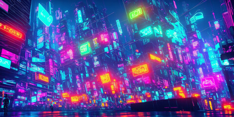 Obraz premium Futuristic glowing neon cyberpunk city street perspective view background illustration created with generative AI technology