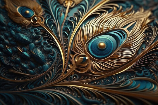 Colorful golden peacock feather, wall art wallpaper, generative ai