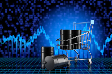 Price per barrel of oil. Trade in oil, chemicals, fuel. Price per barrel of a chemical element. Barrels with oil, fuel, chemicals. 3d render.