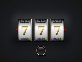 Lucky seven 777 slot machine. Spin button, cut frame, isolated on black background. Vector online casino vegas game. Gambling fortune chance web banner. Win jackpot golden 7, red arrow - 602388908