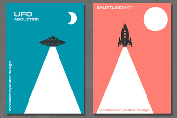 Space minimalistic concept retro poster set. Shuttle start day, UFO spaceship night. Abstract Wall Art. Digital Interior Decoration Art