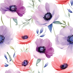 Seamless pattern with ANEMONE floral plants. Seamless stylized watercolor flower pattern.
Tiled and tillable, Wallpaper, wrapping paper design, textile, scrapbooking, digital paper. illustration