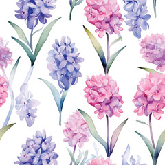 Seamless pattern with Hyacinth floral plants. Seamless stylized watercolor flower pattern.
Tiled and tillable, Wallpaper, wrapping paper design, textile, scrapbooking, digital paper. illustration