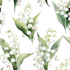 Seamless pattern with Lily of the valley May bell floral plants. Seamless stylized watercolor flower pattern.
Tiled and tillable, Wallpaper, wrapping paper design, textile, digital paper. illustration