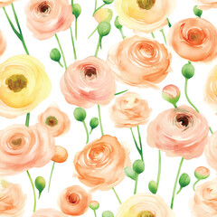 Seamless pattern with Ranunculus buttercup floral plants. Seamless stylized watercolor flower pattern.
Tiled and tillable, Wallpaper, wrapping paper design, textile, digital paper. illustration
