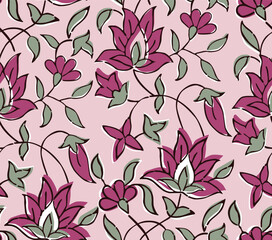 BEAUTIFUL HAND DRAWN BLOCK PRINT KALAMKARI STYLE SEAMLESS FLORAL