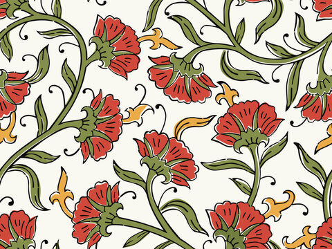 BEAUTIFUL HAND DRAWN BLOCK PRINT KALAMKARI STYLE SEAMLESS FLORAL ALL OVER PRINT