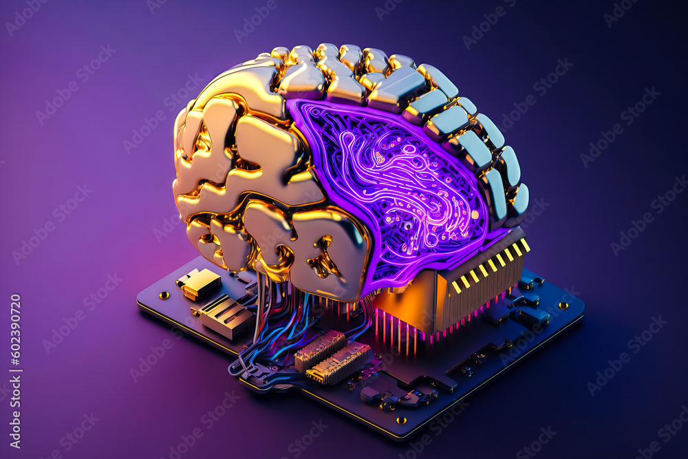 Poster ai chipset with human brain on computer circuit board. artificial intelligence, data mining, and dee