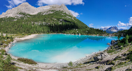 Panorama of Lake Sorapis, Dolomites, Italy