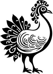 Vector illustration of a peacock in black and white, drawing of a beautiful bird