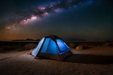 Fototapeta na wymiar lit camping tent glowing in the night , wild camping in a beautiful nightscape , milkyway and galaxy in the sky, epic trip in the wilderness