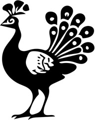 Vector illustration of a peacock in black and white, drawing of a beautiful bird