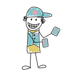 Funny cartoon doodle simple character in uniform handing out flyers