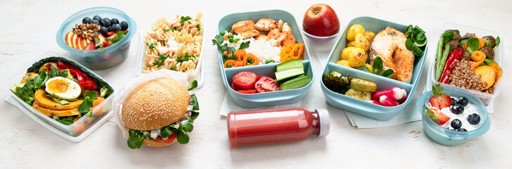 Restaurant healthy food delivery in take away boxes for daily nutrition on white background.