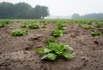 Kartoffelanbau - Junge Kartoffelpflanzen wachsen auf aufgeschütteten Erddämmen.