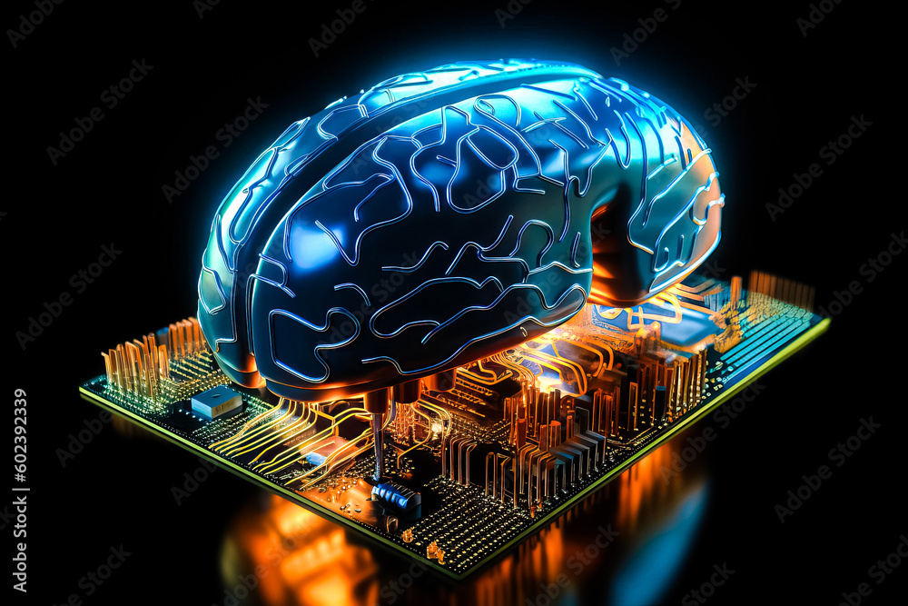 Poster ai chipset with human brain on computer circuit board. artificial intelligence, data mining, and dee