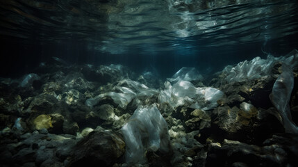 Fototapeta na wymiar AI generated image. Sea contaminated with plastic waste. Underwater view