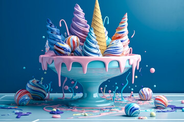 Rainbow ice cream fountain. Fluid chaos, art, liquid wavy up splash. Ai generated