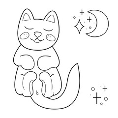 Cute cat is sleeping. Doodle black and white vector illustration.