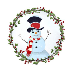 Winter Holidays wreath with cute snowman, vector illustration over white background