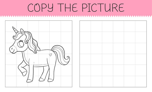 Copy the picture is an educational game for kids with cute unicorn. Cute cartoon unicorn coloring book.