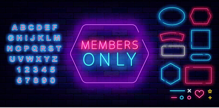 Members only neon label on brick wall. Premium access. Shiny sign. Glowing banner. Vip club. Vector illustration