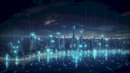 Smart city and abstract line and dot connect gradient line design, big data connection technology concept. Generative AI.