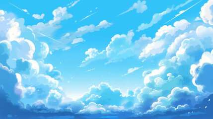 Blue sky with clouds. Anime style background with shining sun and white fluffy clouds. Heaven's with bright weather, summer season outdoor. Generative AI.