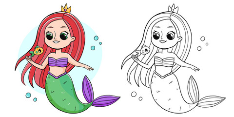 Mermaid coloring book with coloring example for kids. Coloring page with mermaid. Monochrome and color version. children's illustration. - obrazy, fototapety, plakaty