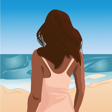 Vector illustration of a girl standing with her back on the beach in front of the sea in warm colors