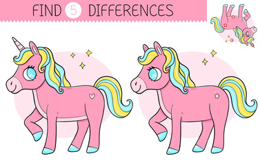Find five differences is an educational game for kids with pink unicorn. Cute cartoon horse unicorn.