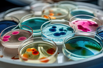 Colorful variety of microorganism inside petri dish plate in laboratory with super macro zoom background, including of bacteria, protozoa, algae, and fungi, with Generative AI. - obrazy, fototapety, plakaty