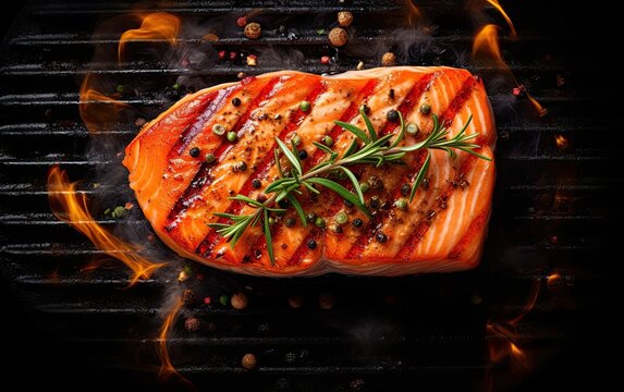 Tasty roasted salmon steak cooking over the grill with flames top view angle Generative AI	
