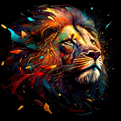 A psychedelic lion portrait. Lion zodiac sign in vibrant colors neon pink, purple, and blue