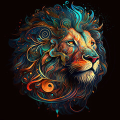 A psychedelic lion portrait. Lion zodiac sign in vibrant colors neon pink, purple, and blue